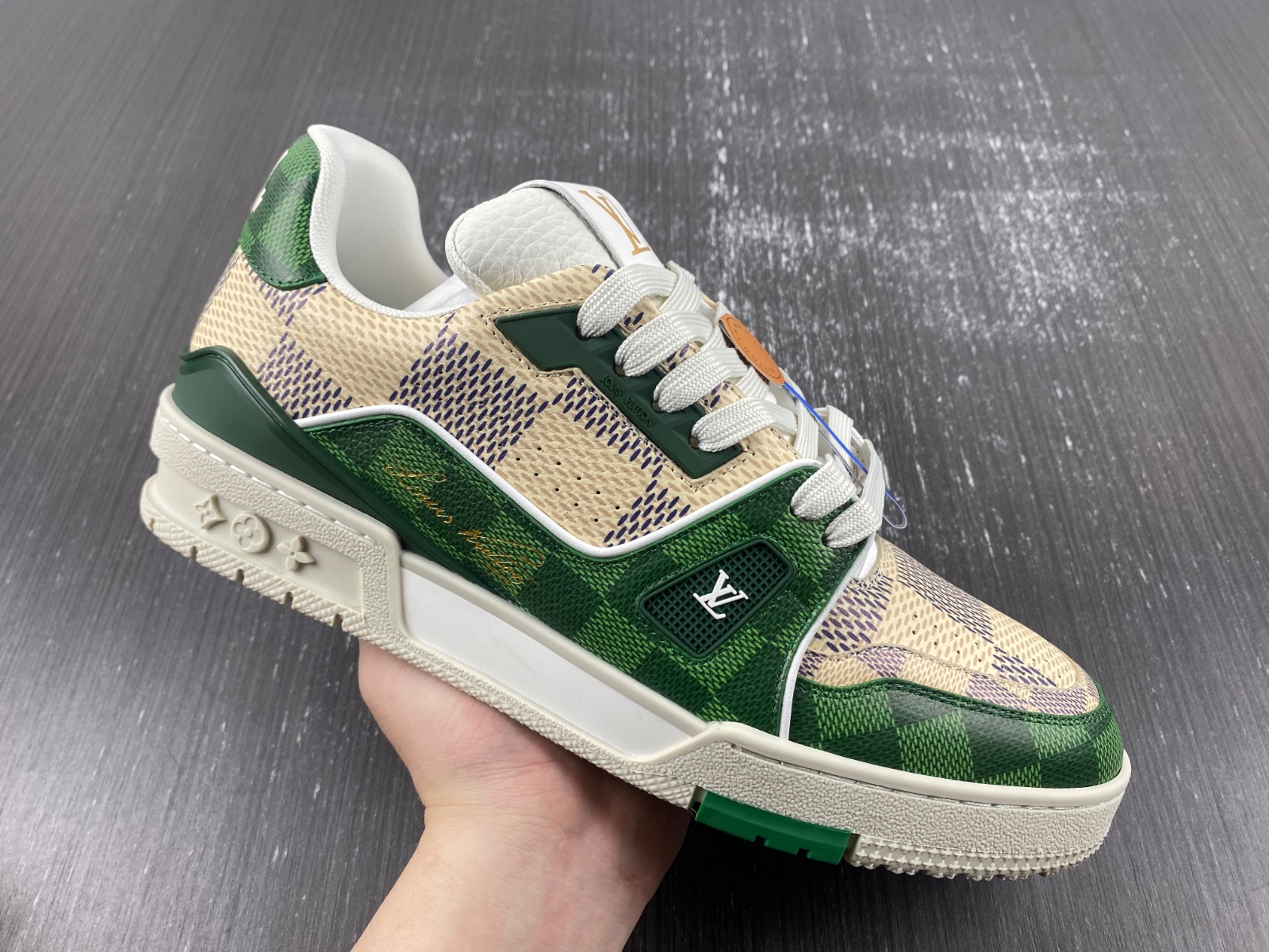 l**is V*t*n lv trainer # 54 new york restrictions white-green-gray checkered color