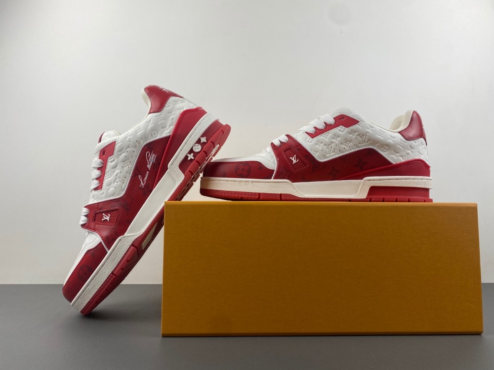 l**is V*t*n white red embossed monogram trainer