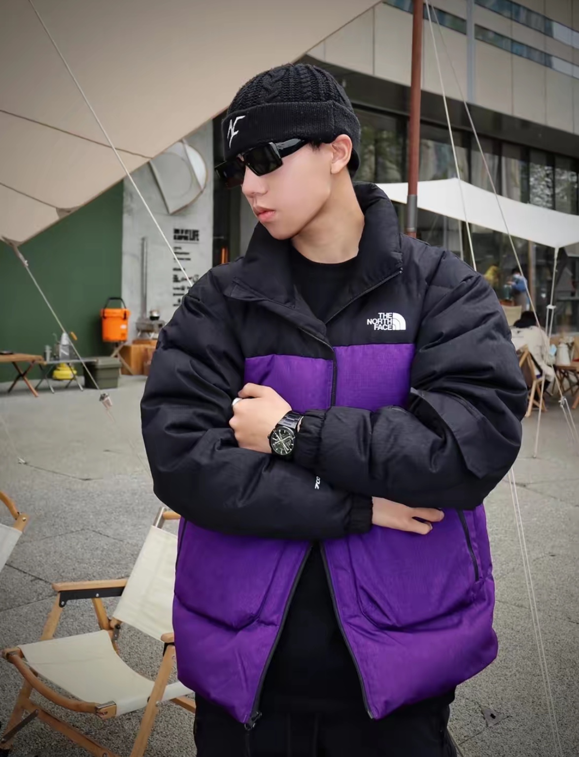 the n0*h F**e splicing contrast color large pocket functional down jacket
